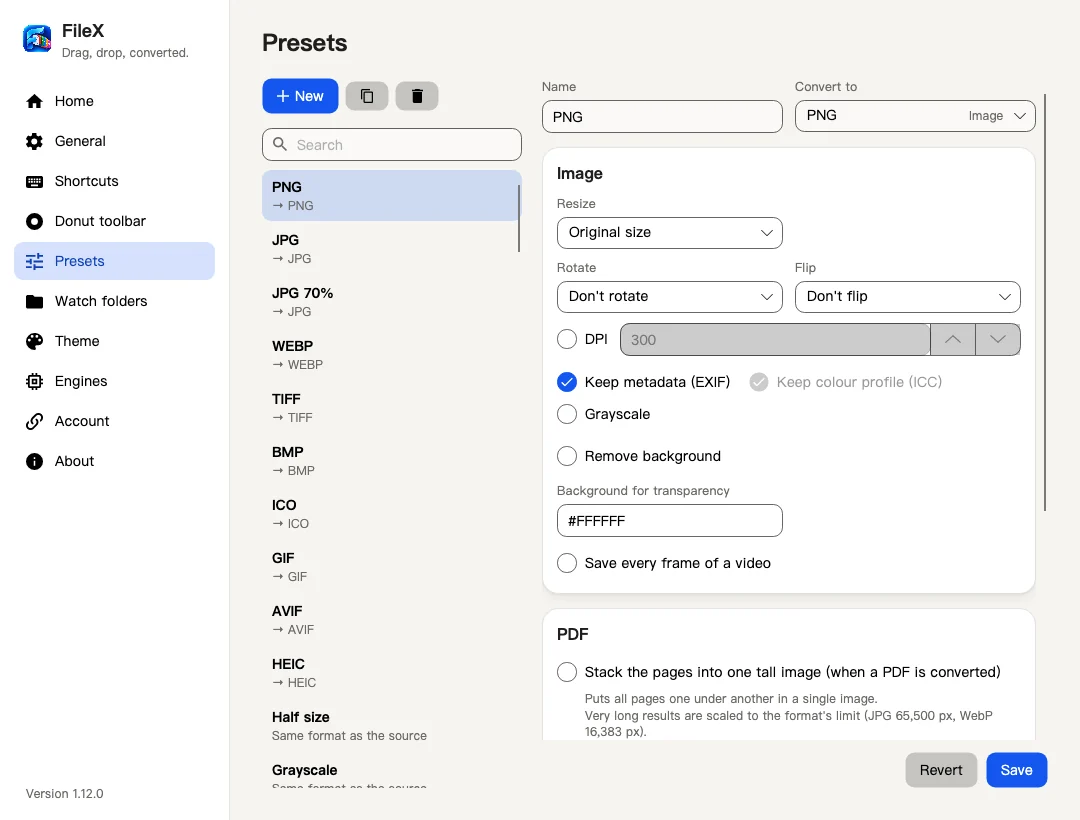 FileX conversion presets: resize, rotate, change DPI and keep or remove metadata.