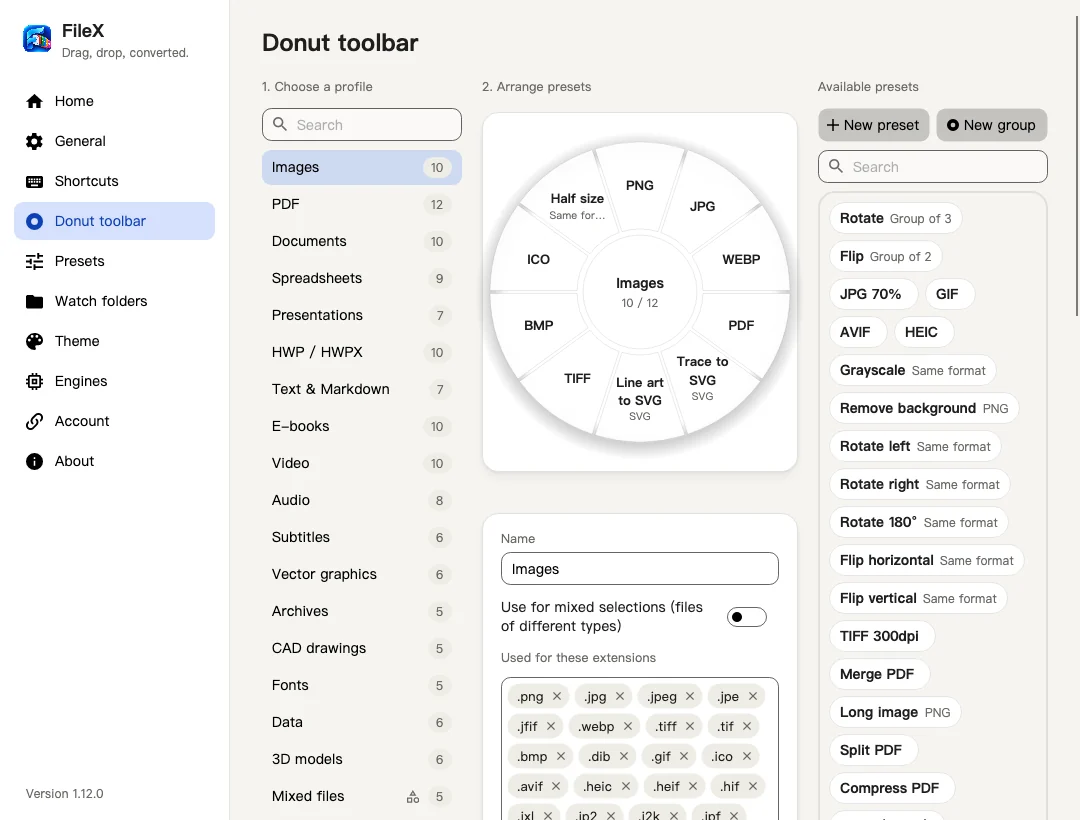 The FileX app: a ring of image formats being arranged next to the list of available presets.